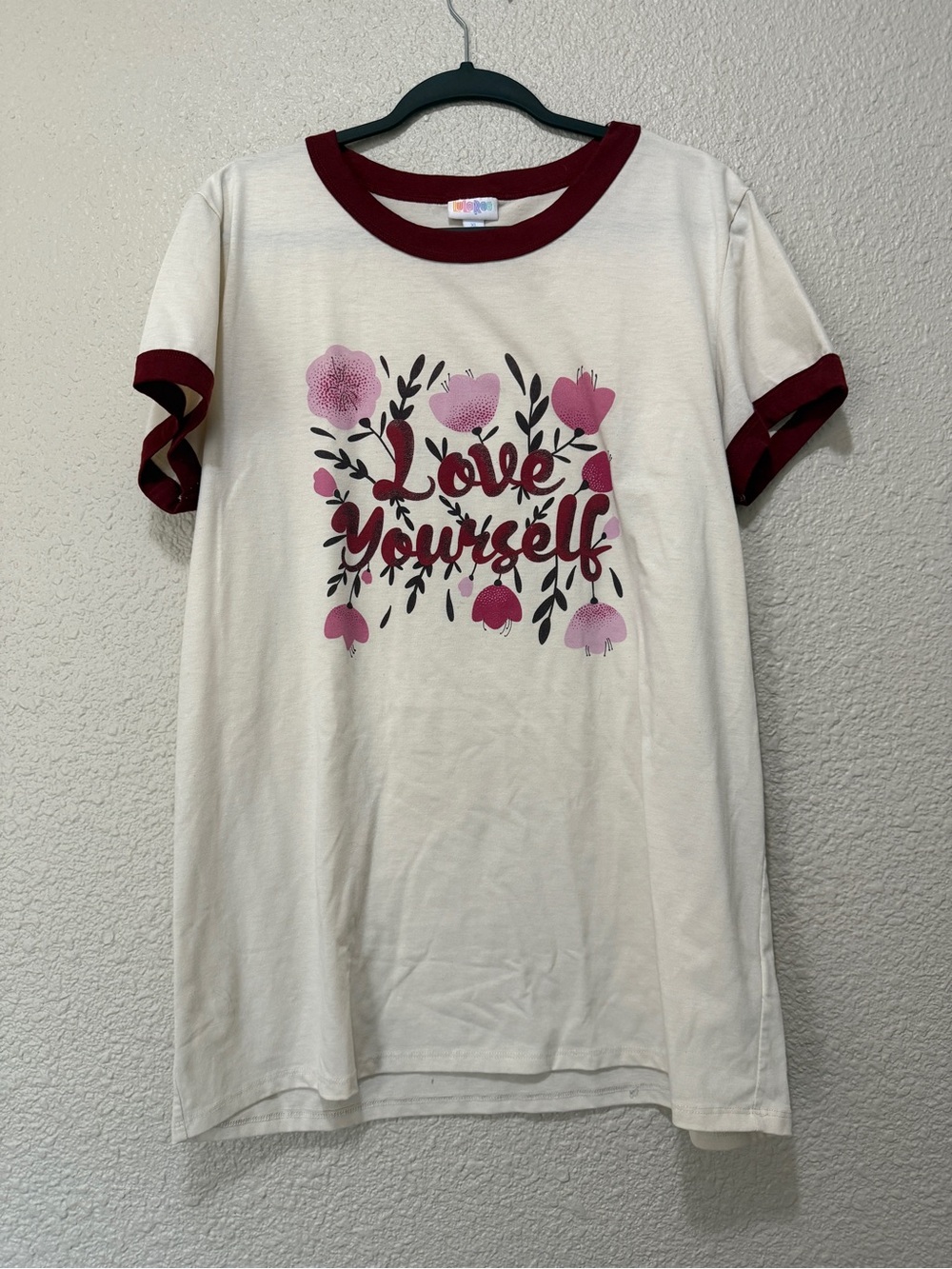 LuLaRoe Cream Ringer Tee with Maroon Trim and Pink Floral Graphic